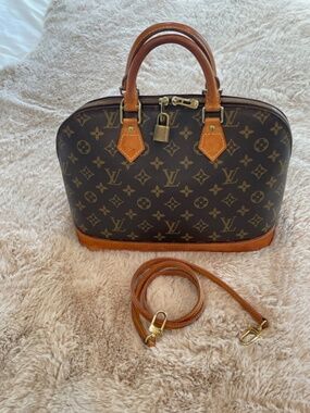 Louis Vuitton Alma Satchel/Top Handle Bag PM Brown Canvas Leather Strap Included